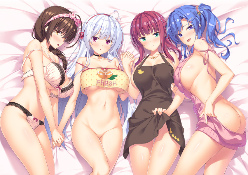 4girls :o apron apron_lift ass backless_outfit bed_sheet blue_eyes blue_hair blush bottomless bow bow_bra bow_panties bra braid braided_ponytail breasts brown_apron brown_eyes brown_hair choker clothes_lift clothes_writing duck_print feet_out_of_frame green_eyes hair_ornament hair_over_shoulder hairband hairclip highres hinata_nao holding_another's_arm holding_hands huge_breasts interlocked_fingers jewelry kurumadani_non lace-trimmed_bra lace-trimmed_panties lace_trim large_breasts lifting_own_clothes long_hair looking_at_viewer lying meme_attire multiple_girls naked_apron navel necklace ninagawa_sakura non-web_source official_art on_back on_side open_mouth orange_print panties photoshop_(medium) purple_eyes purple_hair shishido_manaka side_ponytail sideboob sleeveless sleeveless_turtleneck smile star_(symbol) star_choker stomach strap_slip taira_misaki turtleneck underboob underwear virgin_killer_sweater white_hair yuunagi-sou_no_s-kyuu_no_kanojo-tachi