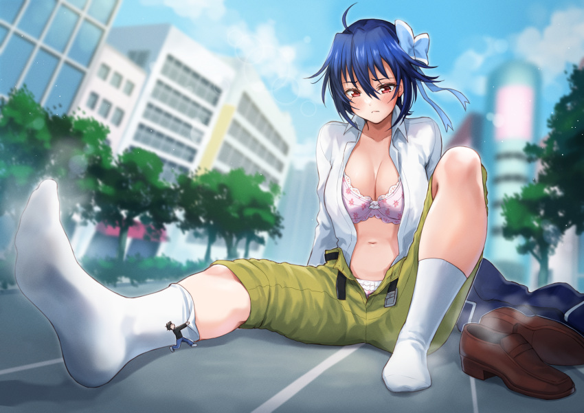 1boy absurdres belt black_belt blue_hair bra breasts brown_footwear building city cleavage closed_mouth collarbone collared_shirt commission dress_shirt feet female giant giantess hair_between_eyes highres knee_up large_breasts legs navel nisekoi no_shoes open_clothes open_shirt pants pink_bra red_eyes sahara1127 shirt shoes short_hair sitting size_difference skeb_commission smell socks soles solo_focus steaming_body stomach toes tsugumi_seishirou underwear unworn_shoes unzipped white_shirt white_socks