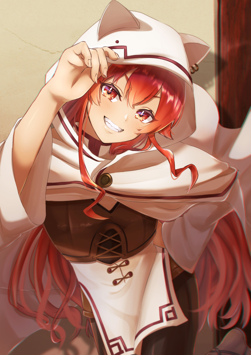 absurdres animal_hood blush cape crossed_bangs eris_greyrat female hair_between_eyes highres hood hooded_cape long_hair mushoku_tensei red_eyes red_hair smirk solo thick_eyebrows totorichu