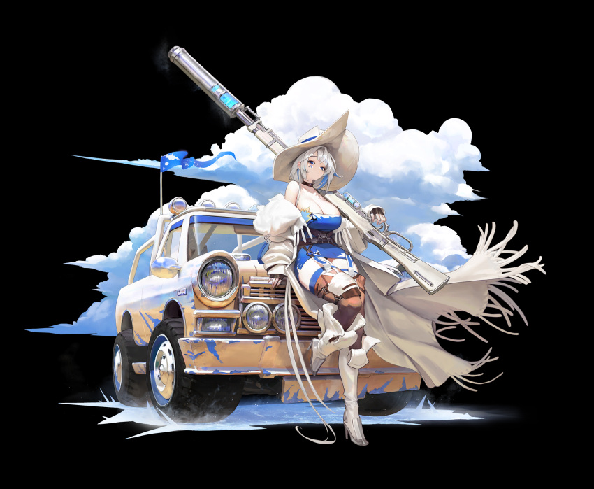 agoto alchemy_stars azure_(alchemy_stars) bare_shoulders black_background blue_eyes boots breasts brown_thighhighs car cleavage cloud commentary female gun hat high_heels highres holding holding_gun holding_weapon large_breasts looking_at_viewer motor_vehicle official_art short_hair simple_background solo thighhighs weapon white_hair