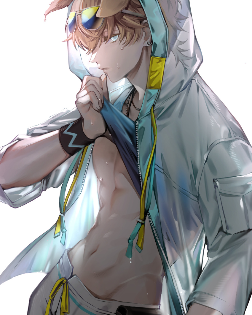 1boy absurdres animal_ears arknights blonde_hair blue_eyes earrings eyewear_on_head highres jewelry male_focus navel pectorals simple_background solo stomach tequila_(arknights) water_drop wet white_background wingtemple