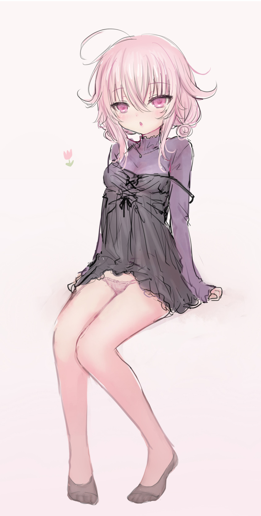 absurdres ahoge bad_id bad_pixiv_id black_dress black_legwear commentary_request double_bun dress female full_body grey_background hair_between_eyes hair_bun highres long_hair long_sleeves looking_at_viewer original panties parted_lips pink_hair pink_panties purple_eyes purple_shirt shiodome_oji shirt simple_background sitting sleeveless sleeveless_dress sleeves_past_wrists solo strap_slip underwear very_long_hair