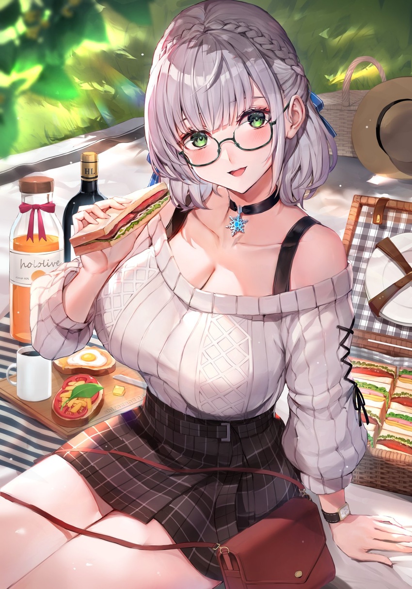 ahoge bag bare_legs black_choker blanket blue_ribbon blush bottle braid breasts butter butter_knife choker cleavage collarbone commentary crown_braid cup dappled_sunlight day eating egg egg_(food) female food fried_egg glasses grass green_eyes grey_hair grey_skirt hair_ribbon handbag hat highres holding holding_food hololive large_breasts long_sleeves looking_at_viewer miniskirt off-shoulder_sweater off_shoulder official_alternate_hairstyle open_mouth outdoors picnic picnic_basket plaid plaid_skirt plate rainbow ribbed_sweater ribbon sandwich semi-rimless_eyewear shirogane_noel shirogane_noel_(casual) short_hair sitting skirt smile snowflake_choker solo straw_hat sunlight sweater thighs tomato unworn_hat unworn_headwear virtual_youtuber watao watch wavy_hair white_sweater wine_bottle wristwatch