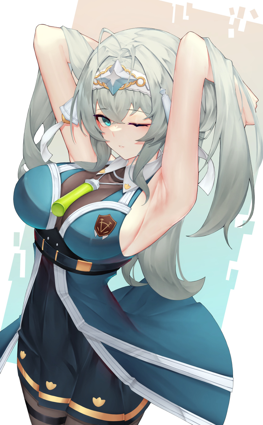 absurdres aoria armpits arms_behind_head arms_up bare_arms bare_shoulders belt black_dress blue_eyes breasts brown_pantyhose circlet commission cowboy_shot dress epic_seven female green_jacket grey_hair highres jacket large_breasts long_hair looking_at_viewer one_eye_closed open_clothes open_jacket pantyhose parted_lips politis_(epic_seven) second-party_source sleeveless sleeveless_dress sleeveless_jacket solo wing_collar