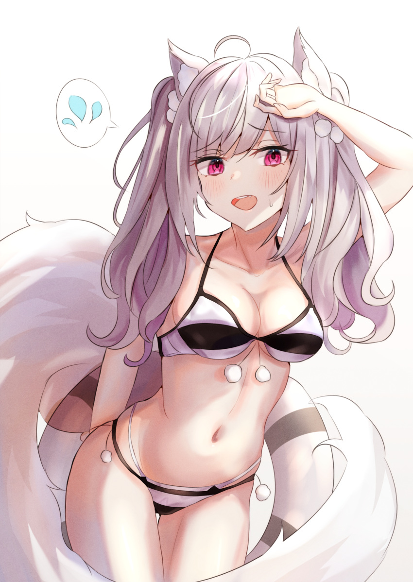 ahoge animal_ear_fluff animal_ears arm_up asymmetrical_breasts bare_arms bare_shoulders bikini black_bikini blush breasts cleavage collarbone commentary_request female fox_ears fox_tail front-tie_bikini_top front-tie_top grey_hair hand_up highres holding innertube large_breasts long_hair looking_at_viewer multi-strapped_bikini navel oerba_yun_fang open_mouth original panipo pink_eyes simple_background smile solo stomach striped_bikini striped_clothes sweatdrop swim_ring swimsuit tail thigh_gap twintails white_background