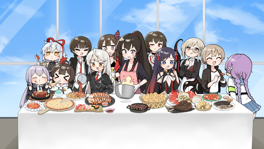 >_< 1boy 6+girls absurdres ahoge apron ascot bare_shoulders bikini black_bikini black_choker black_coat black_hair black_jacket black_shorts blue_eyes blush braid breasts brown_hair center_opening chips_(food) choker cleavage closed_eyes coat collared_shirt cooking counter:side crab day detached_sleeves eating edel_meitner feeding food food_request fork gaeun_(counter:side) gloves gradient_hair hair_ornament han_sorim heart heart-shaped_pupils highres hilde_(counter:side) holding holding_food holding_fork holding_pizza holding_spoon holding_whisk jacket joo_shiyoon joo_shiyoung junsuina_fujunbutsu kang_soyoung lee_yumi_(counter:side) licking_lips long_hair loose_necktie lumi_(counter:side) monocle multicolored_hair multiple_girls necktie official_art one_eye_closed open_clothes open_coat open_collar open_jacket open_mouth orange_eyes party pink_apron pizza ponytail purple_eyes purple_hair red_eyes red_jacket red_necktie rosaria_le_friede shaded_face shirt short_hair shorts smile spoon steak sushi swimsuit symbol-shaped_pupils tentacle tongue tongue_out twin_braids untucked_shirt very_long_hair whisk white_gloves white_hair white_shirt yang_harim yoo_mina