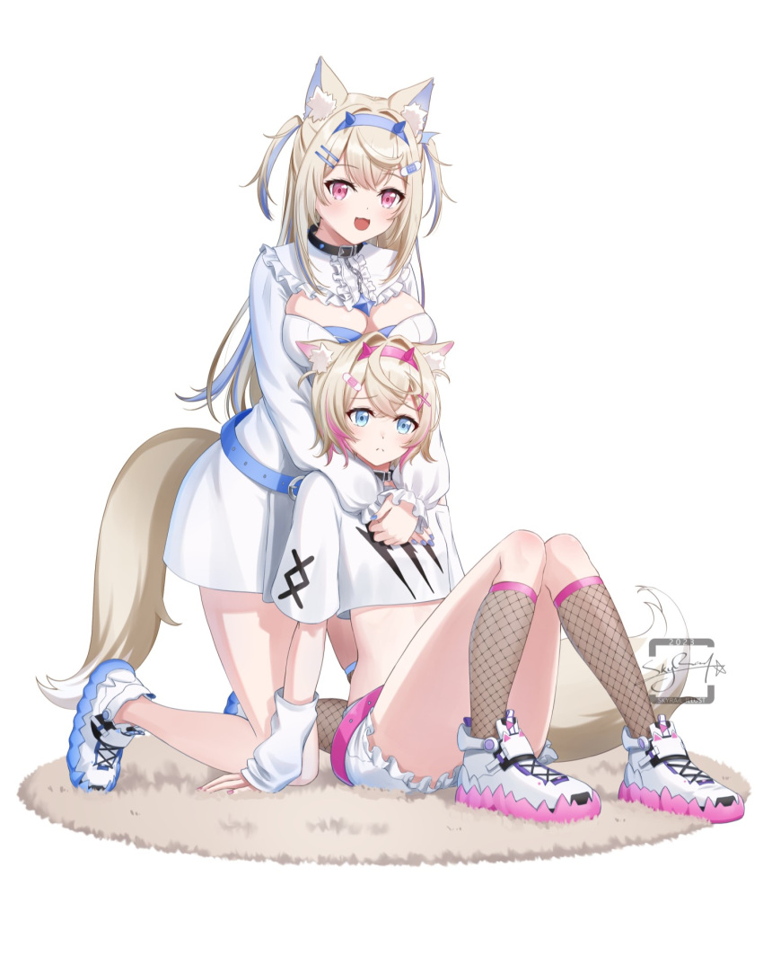 2girls animal_ears arms_around_neck belt_collar black_collar blonde_hair blue_eyes blue_hair blue_nails blush breasts cleavage_cutout closed_mouth clothing_cutout collar cropped_shirt dog_ears dog_girl dog_tail dress fishnet_socks fishnets frilled_shorts frills fuwawa_abyssgard fuwawa_abyssgard_(1st_costume) hair_ornament hairpin highres hololive hololive_english hug large_breasts long_hair looking_at_viewer medium_hair mococo_abyssgard mococo_abyssgard_(1st_costume) multicolored_hair multiple_girls nail_polish oerba_yun_fang open_mouth pink_eyes pink_hair pink_nails shirt shoes short_shorts shorts siblings sidelocks single_fishnet_legwear sisters skyrail smile sneakers socks spiked_collar spikes streaked_hair tail twins two_side_up virtual_youtuber white_dress white_footwear white_shirt white_shorts x_hair_ornament