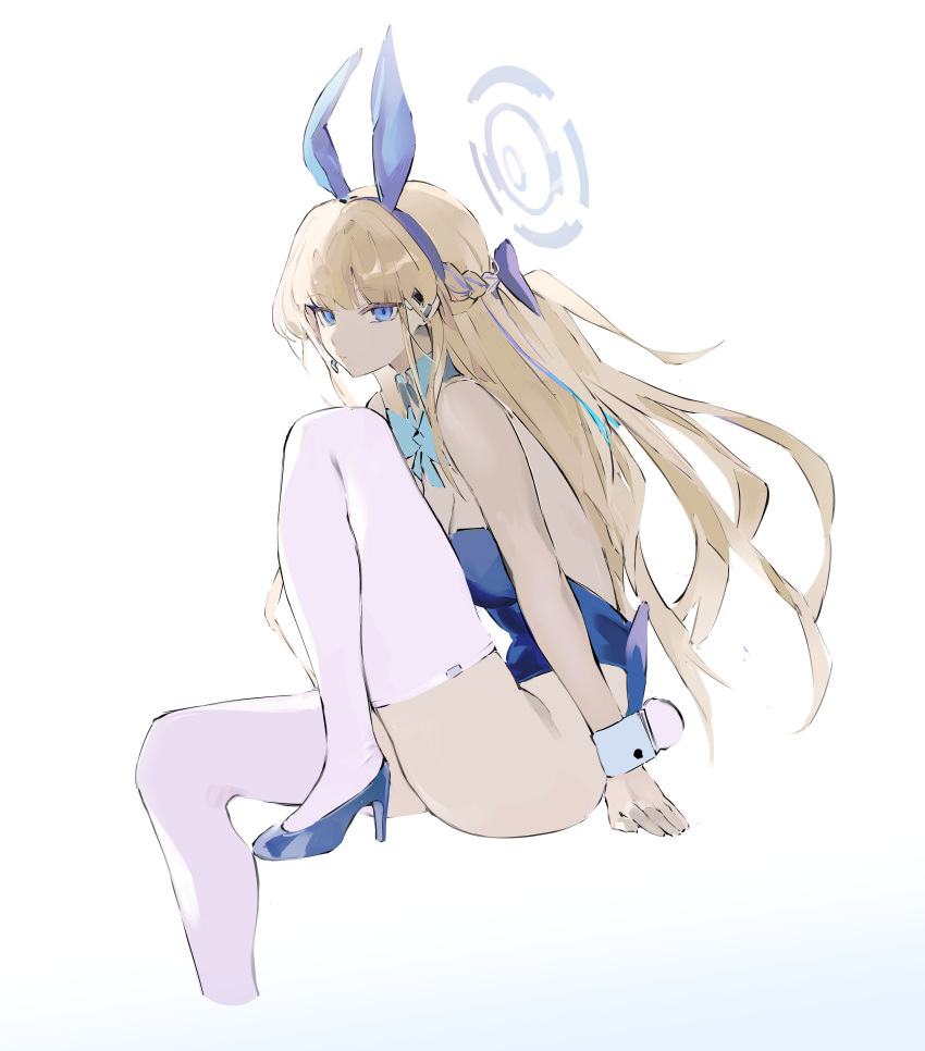 absurdres animal_ears aqua_bow aqua_bowtie blonde_hair blue_archive blue_bow blue_bowtie blue_eyes blue_halo blue_leotard bow bowtie commentary detached_collar earpiece fake_animal_ears female halo highleg highleg_leotard highres knee_up koio leotard long_hair official_alternate_costume playboy_bunny rabbit_ears sitting solo strapless strapless_leotard thighhighs toki_(blue_archive) toki_(bunny)_(blue_archive) white_background white_thighhighs white_wrist_cuffs wrist_cuffs