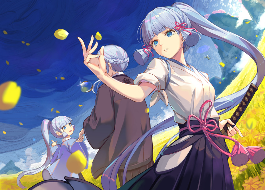 2girls aged_down blue_eyes blue_hair blue_sky blunt_bangs braid field flower flower_field genshin_impact holding holding_hands holding_sword holding_weapon kamisato_ayaka kamisato_kayo lolicon mole mole_under_eye mother_and_daughter multiple_girls niac parted_lips petals ponytail scenery short_sleeves siblings sidelocks sky smile sword weapon