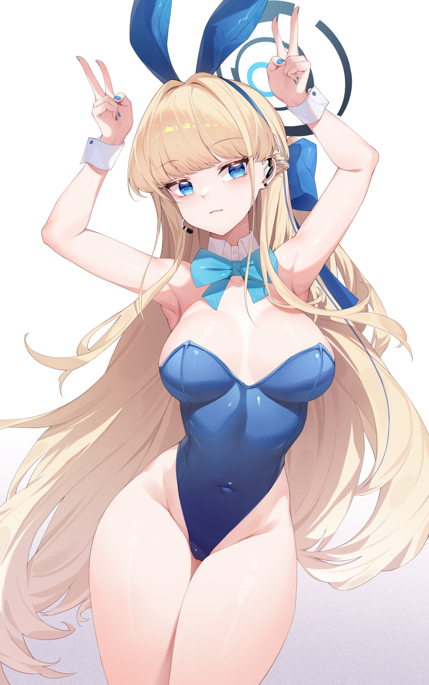 absurdres animal_ears aqua_bow aqua_bowtie blonde_hair blue_archive blue_eyes blue_halo blue_leotard bow bowtie breasts cleavage covered_navel detached_collar earpiece fake_animal_ears female halo highleg highleg_leotard highres kanon_(sinto) leotard long_hair looking_at_viewer medium_breasts official_alternate_costume playboy_bunny rabbit_ears solo strapless strapless_leotard thighhighs thighs toki_(blue_archive) toki_(bunny)_(blue_archive) very_long_hair white_background white_thighhighs white_wrist_cuffs wrist_cuffs