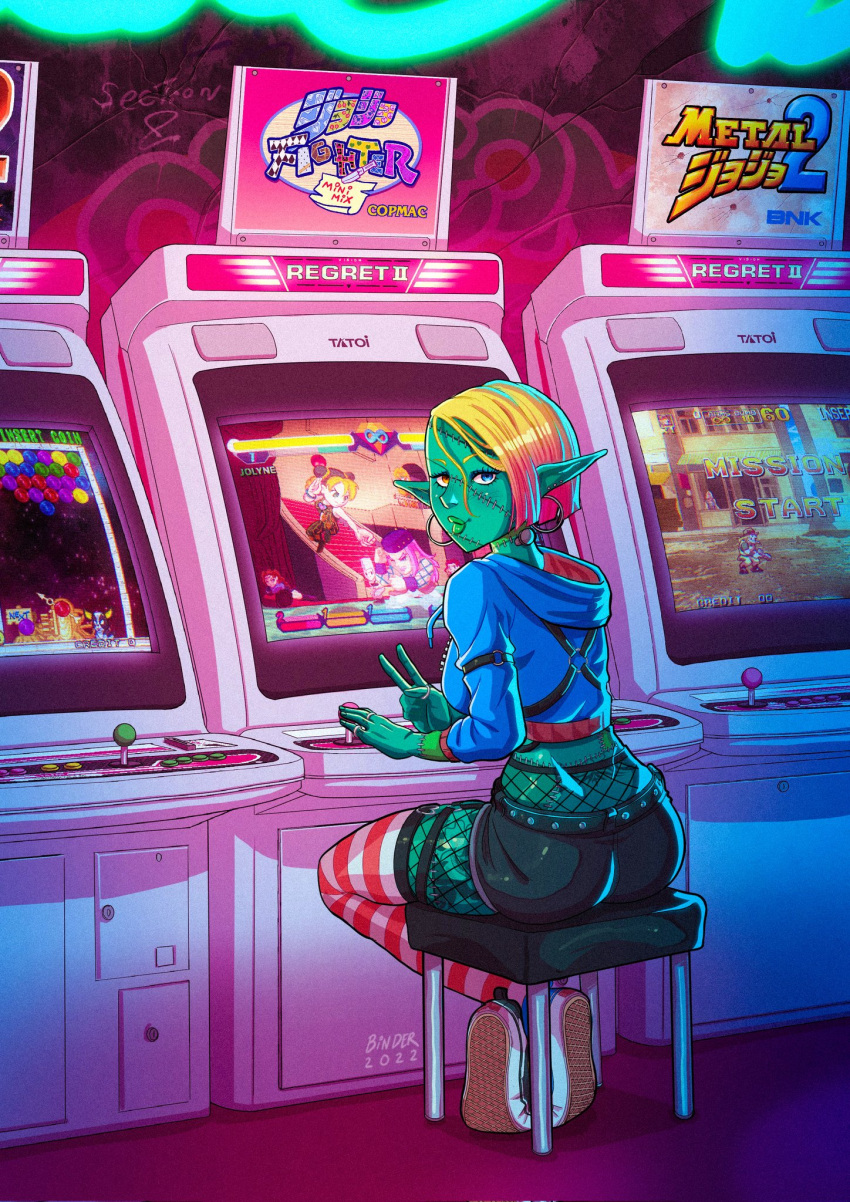 2022 arcade_cabinet back_tattoo bernhard_binder blonde_hair blue_eyes brand_name_imitation breasts capcom colored_skin commentary_request crop_top cropped_hoodie crossed_legs dio_brando earrings fishnets green_skin heterochromia highres hol_horse hood hoodie hoop_earrings iggy_(jojo) jean_pierre_polnareff jewelry jojo_no_kimyou_na_bouken kakyoin_noriaki kujo_jolyne large_breasts leg_tattoo looking_at_viewer looking_back metal_slug monster_girl multiple_earrings narciso_anasui o-ring orange_eyes original parody patchwork_skin pocket_fighter pointy_ears puzzle_bobble ring shoes short_shorts shorts signature sitting sneakers snk stardust_crusaders stitched_arm stitched_face stitched_neck stitches stone_ocean stool striped_clothes striped_thighhighs taito taito_egret_ii tattoo thighhighs tramp_stamp v vanilla_ice