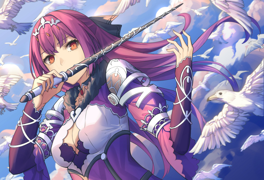 bird black_ribbon blue_sky breasts cleavage commentary dress fate/grand_order fate_(series) female fur-trimmed_dress fur_trim hair_between_eyes hair_ribbon highres holding holding_wand large_breasts long_hair long_sleeves looking_at_viewer purple_dress purple_hair red_eyes ribbon scathach_(fate) scathach_skadi_(fate) scathach_skadi_(second_ascension)_(fate) seagull sky symbol-only_commentary tiara wand yangsan_(2991076090)