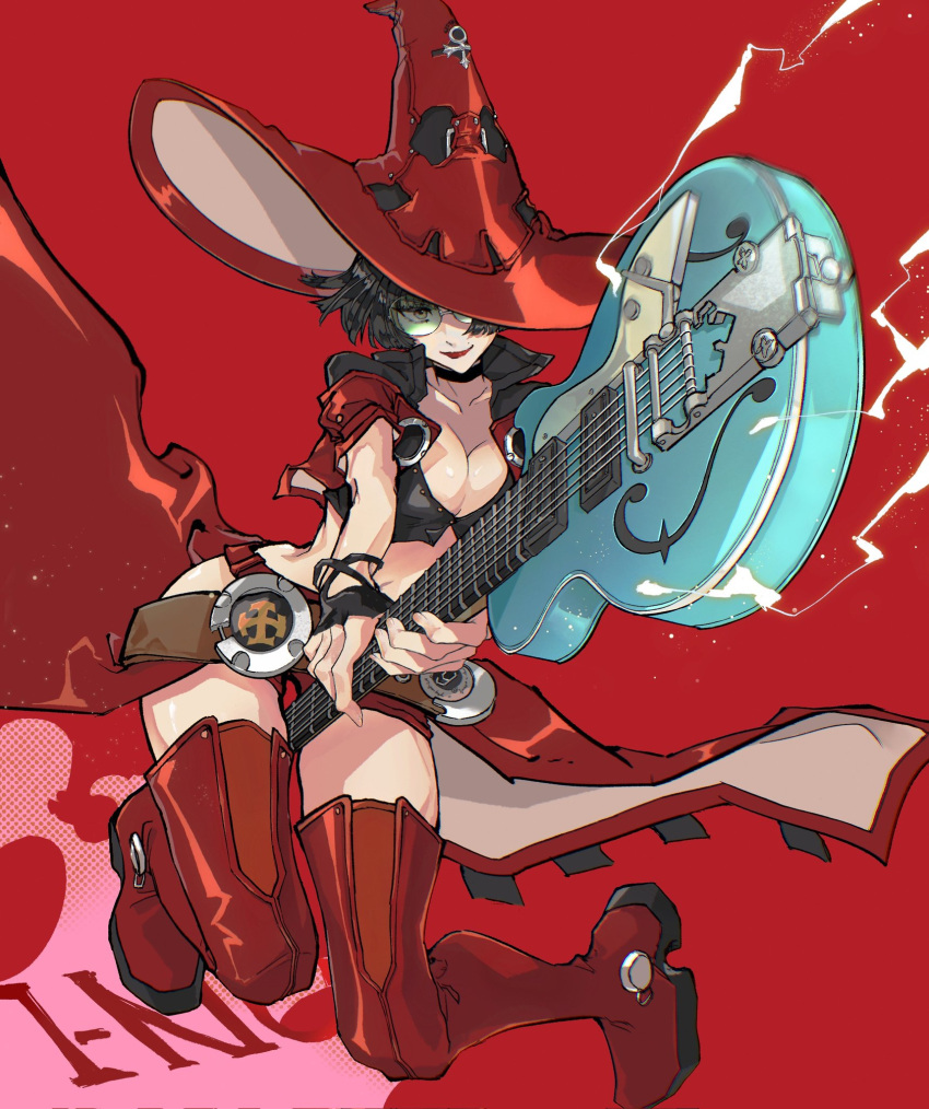 black_gloves black_hair breasts character_name cleavage commentary_request crop_top electric_guitar female fingerless_gloves found_modori full_body glasses gloves green-tinted_eyewear guilty_gear guilty_gear_strive guitar hat highres i-no instrument large_breasts midriff_peek mole mole_above_mouth red_background red_legwear short_hair solo sunglasses thighs tinted_eyewear witch_hat