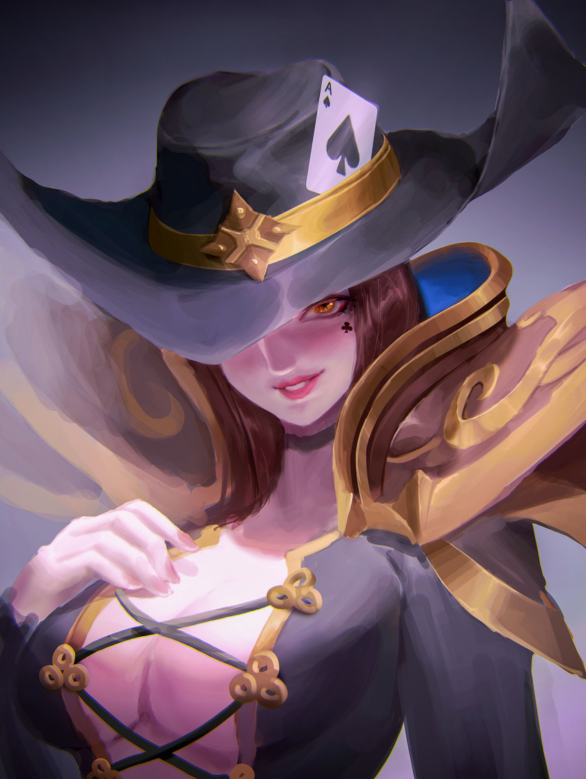 ace_(playing_card) ace_of_spades black_headwear breasts brown_hair card cleavage facial_mark female genderswap_(mtf) gold_trim grey_background hand_up highres large_breasts league_of_legends lolittleboy long_hair looking_at_viewer playing_card rule_63 smile spade_(shape) twisted_fate upper_body