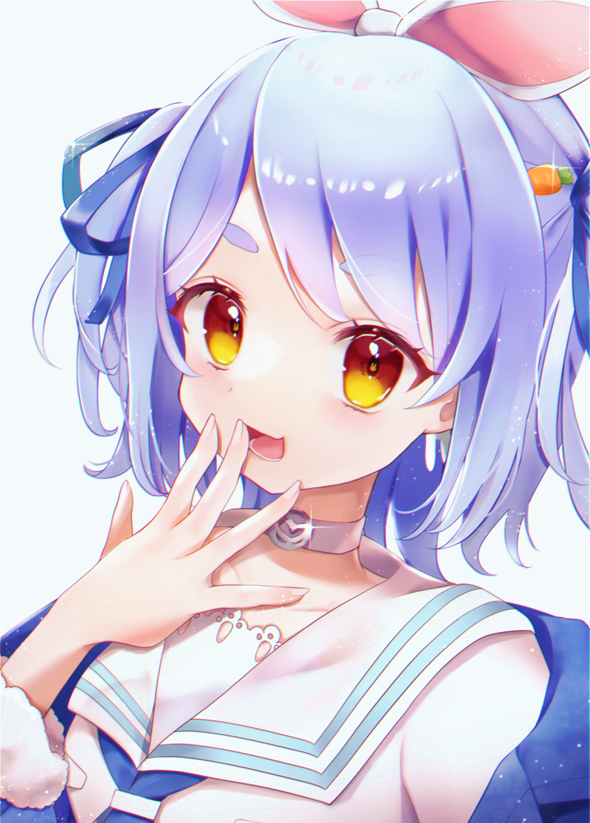 :d blue_hair carrot_hair_ornament collar collarbone commentary_request female food-themed_hair_ornament hair_ornament highres hololive kumono_ame looking_at_viewer open_mouth rabbit-shaped_pupils red_eyes short_eyebrows short_hair simple_background smile solo symbol-shaped_pupils thick_eyebrows upper_body usada_pekora usada_pekora_(casual) virtual_youtuber white_background