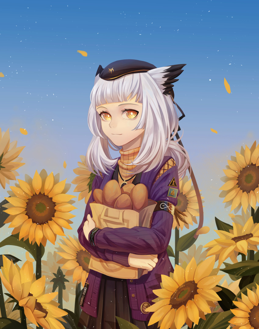 absurdres alternate_costume arknights bag baguette beret black_hat black_skirt blue_sky blunt_bangs bread erchongbaojun female flower food grey_hair hat highres holding holding_bag jacket long_hair long_sleeves looking_at_viewer official_alternate_costume orange_sweater petals pointy_hair ptilopsis_(arknights) ptilopsis_(serenity)_(arknights) purple_jacket rhine_lab_logo rhodes_island_logo_(arknights) shopping skirt sky smile solo sunflower sweater turtleneck turtleneck_sweater upper_body yellow_eyes