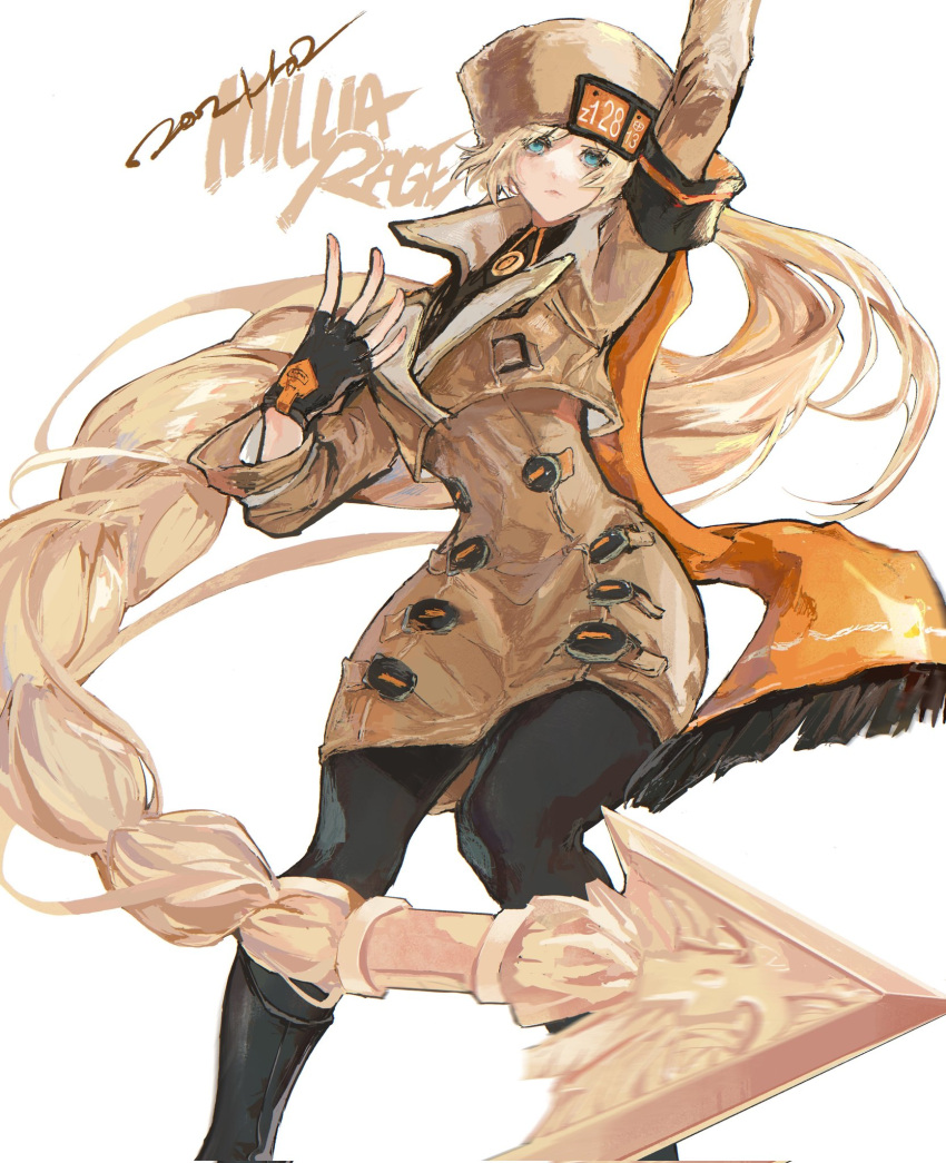 absurdly_long_hair arm_scarf black_gloves blonde_hair blue_eyes brown_coat buttons character_name coat dated expressionless feet_out_of_frame female fingerless_gloves found_modori fur_hat gloves guilty_gear guilty_gear_strive hat highres long_hair millia_rage pantyhose simple_background solo ushanka very_long_hair white_background wide_hips