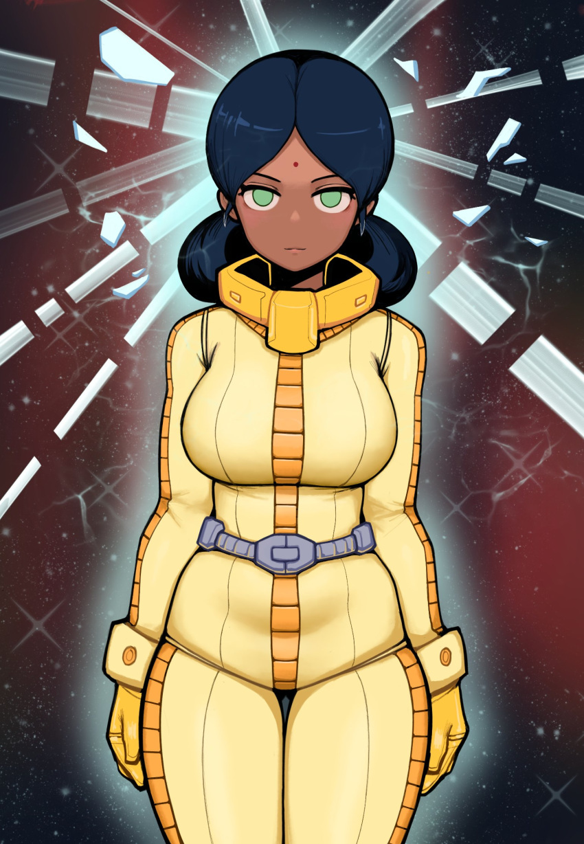 arms_at_sides belt bingbingzi blue_hair breasts dark-skinned_female dark_skin double_bun expressionless facial_mark female forehead_mark gloves green_eyes grey_belt gundam hair_bun highres lalah_sune looking_at_viewer medium_breasts medium_hair mobile_suit_gundam no_pupils normal_suit parted_bangs pilot_suit science_fiction solo space straight-on yellow_gloves