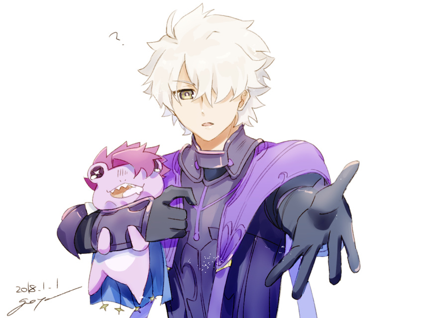 1boy ? ahoge armor cosplay fate/grand_order fate_(series) galahad_(fate) gloves goya_(xalbino) hair_over_one_eye lancelot_(fate/grand_order) lancelot_(fate/grand_order)_(cosplay) looking_at_viewer male_focus open_hand purple_armor purple_eyes purple_hair short_hair signature solo strangling stuffed_toy upper_body white_background white_hair yellow_eyes