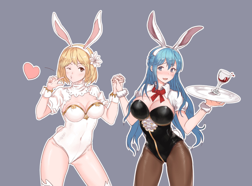 2girls absurdres animal_ears blonde_hair blue_hair blush breasts cleavage covered_navel cup djeeta_(granblue_fantasy) drinking_glass flower granblue_fantasy grey_background hair_flower hair_ornament heart highres holding_hands large_breasts multiple_girls pantyhose photoshop_(medium) playboy_bunny rabbit_ears rabbit_tail sage_(granblue_fantasy) tail therese_(granblue_fantasy) tray unkobako wine_glass wrist_cuffs