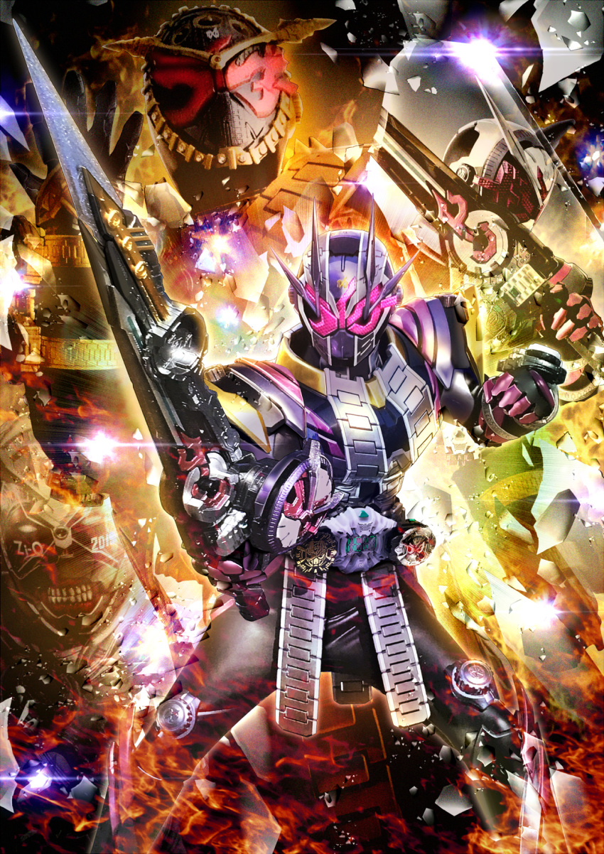 4boys alternate_costume alternate_universe another_rider_(zi-o) another_zi-o apocalypse armor arrow_(symbol) battle black_armor black_bodysuit black_footwear black_gloves bodysuit broken_glass character_name clenched_teeth clock clock_hands colored_skin compound_eyes creature dark_persona driver_(kamen_rider) fighting_stance glass gloves helmet highres holding holding_sword holding_weapon horns kamen_rider kamen_rider_zi-o kamen_rider_zi-o_(series) kamen_rider_zi-o_ii male_focus masukudo_(hamamoto_hikaru) monster multiple_boys multiple_horns official_alternate_costume official_style ouma_zi-o pink_eyes pink_gloves red_skin rider_watch split_image sword teeth time_paradox timestamp tokusatsu translation_request upper_body weapon white_armor white_bodysuit white_eyes zikan_girade ziku_driver