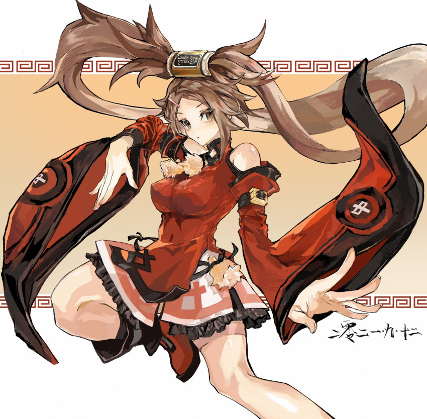 bare_legs bare_shoulders breasts brown_hair can china_dress chinese_clothes commentary detached_sleeves dress female fighting_stance found_modori guilty_gear guilty_gear_xrd hair_ornament hairclip highres kuradoberi_jam large_breasts long_hair looking_at_viewer outstretched_arm skin_tight skirt solo swept_bangs wide_sleeves