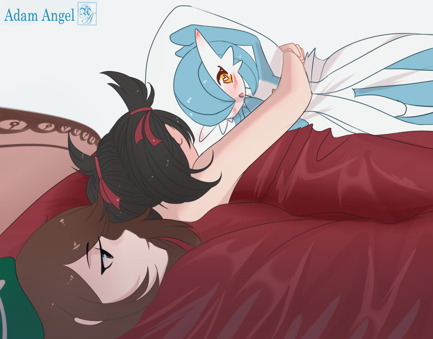 2girls 500_dollar_four_foot_tall_mareep_(meme) adam_angel alternate_color artist_name bare_arms bare_shoulders bed_sheet black_hair brown_hair commentary dakimakura_(object) english_commentary gardevoir gloria_(pokemon) hair_ribbon hat highres lying marnie_(pokemon) medium_hair meme multiple_girls on_back on_side pillow pokemon pokemon_(creature) pokemon_swsh red_ribbon ribbon shiny_pokemon tam_o'_shanter twintails white_background yuri