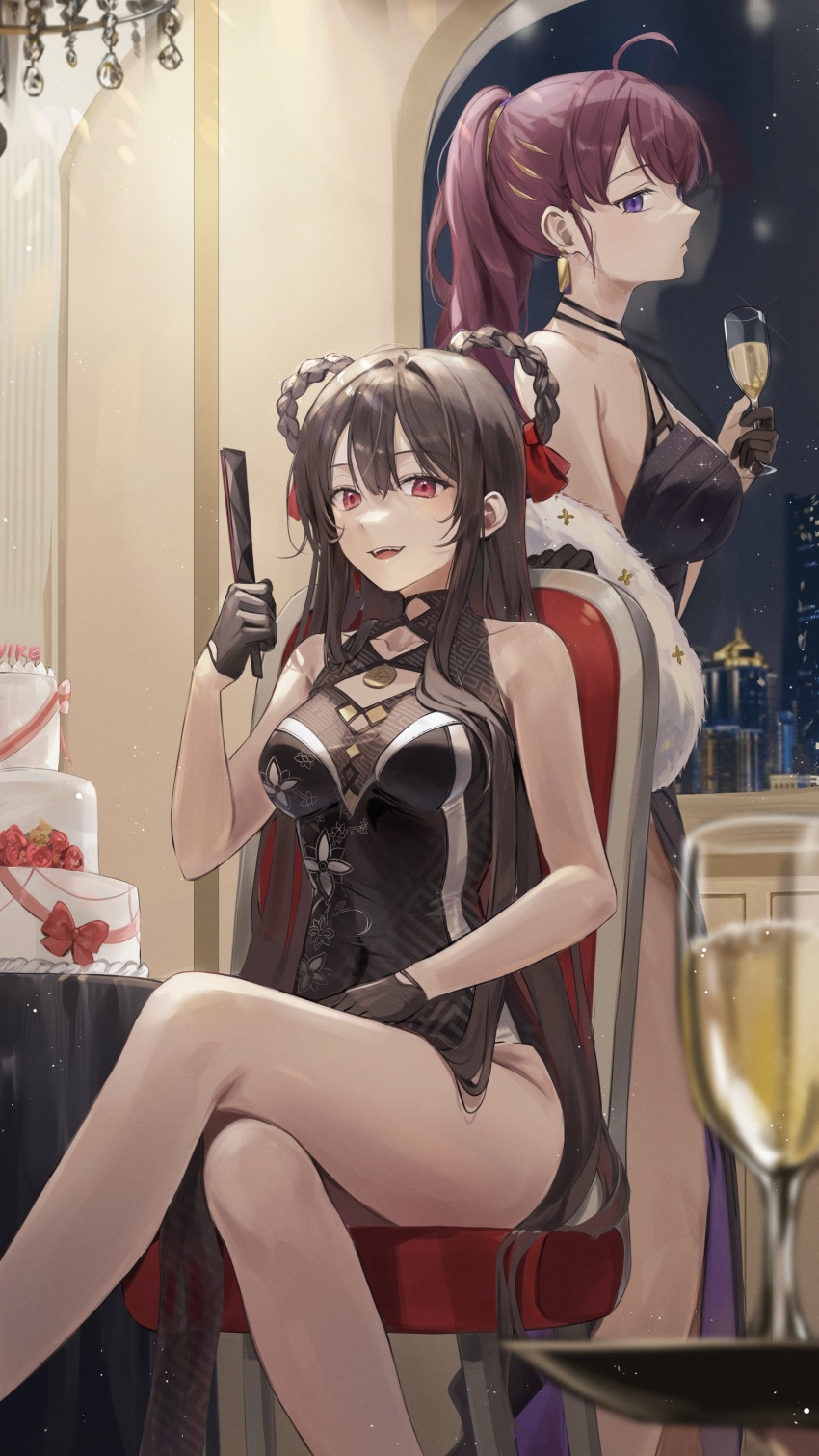 2girls absurdres ahoge bare_arms bare_legs bare_shoulders black_dress black_gloves black_hair blurry braid braided_hair_rings breasts cake champagne_flute cocktail_dress crossed_legs cup depth_of_field dolla_(dark_rose)_(nikke) dolla_(nikke) dress drinking_glass earrings ekina_(1217) folding_fan food gloves goddess_of_victory:_nikke hair_rings hand_fan highres holding jewelry long_hair looking_at_viewer medium_breasts multiple_girls official_alternate_costume open_mouth pelvic_curtain ponytail purple_eyes purple_hair red_eyes sitting sleeveless sleeveless_dress smile standing thighs twin_braids yan_(nikke)