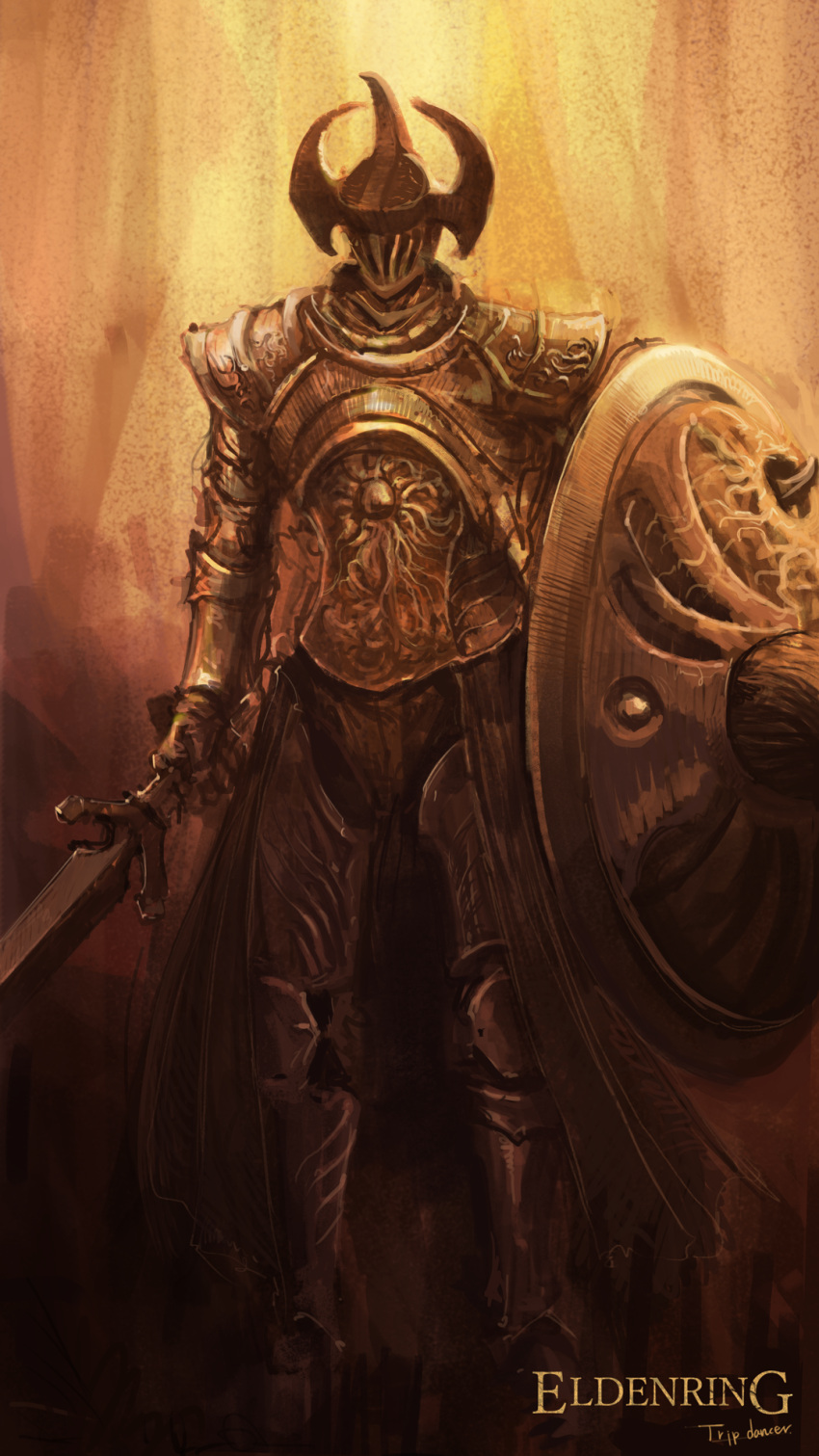 1other ambiguous_gender armor armored_boots artist_name boots breastplate copyright_name crucible_knight elden_ring facing_viewer full_armor gauntlets helm helmet highres holding holding_shield holding_sword holding_weapon horns pauldrons shield shoulder_armor solo standing sword tripdancer weapon