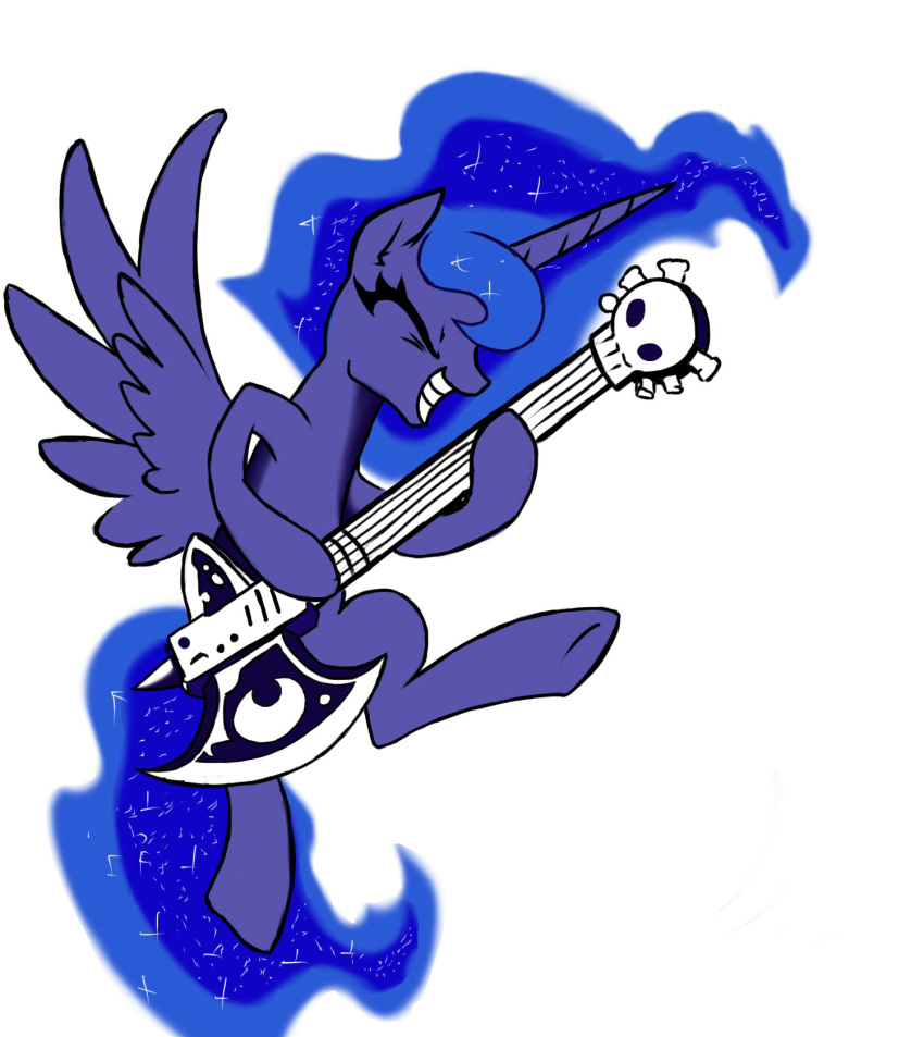 alicorn axe axe_guitar blue_body blue_feathers blue_fur blue_hair bone closed_eyes equid equine feathered_wings feathers female friendship_is_magic fur grin guitar hair happy hasbro heavy_metal hi_res horn karol_pawlinski mammal melee_weapon musical_instrument my_little_pony mythological_creature mythological_equine mythology playing_guitar playing_music plucked_string_instrument princess_luna_(mlp) ridingengenere simple_background skull smile solo string_instrument weapon white_background wings