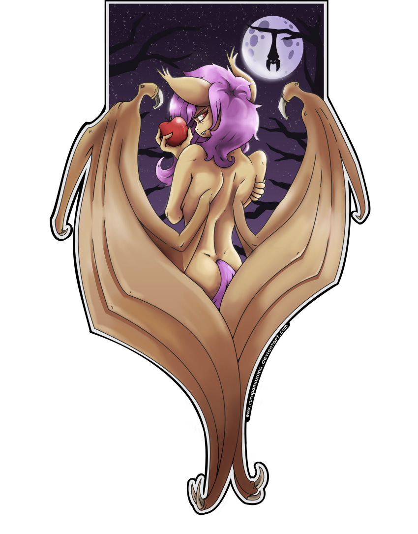 2014 absurd_res alpha_channel anthro anthrofied apple ass bat bat_pony bat_wings butt_pose claws dangling digital_media_(artwork) duo equid europamaxima fangs female flutterbat_(mlp) fluttershy_(mlp) food friendship_is_magic fruit hair half-length_portrait hanging_from_branch hasbro hi_res hybrid in_tree looking_at_viewer looking_back mammal membrane_(anatomy) membranous_wings messy_hair moon my_little_pony night nude pink_hair plant portrait pose rear_view red_eyes simple_background solo_focus star teeth transparent_background tree upside-down wings