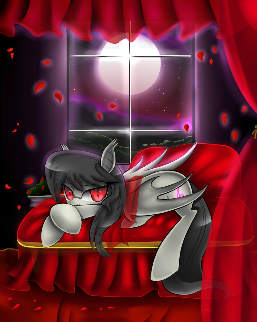 2014 4:5 alternate_species bat_pony bat_wings bed black_hair curtains cutie_mark cyanaeolin equid female friendship_is_magic furniture hair hasbro hi_res inside looking_at_viewer lying mammal membrane_(anatomy) membranous_wings moon mountain my_little_pony night octavia_(mlp) petals pupils red_eyes romantic romantic_ambiance rose_petals slit_pupils solo star vampire window wings