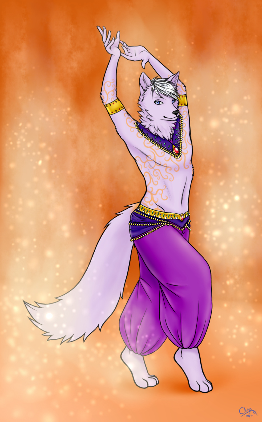 anthro belly_dancer canid canine canis chiroina chyo fog fur gem glistening gold_(metal) hair harem harem_outfit harem_pants hi_res jaiden_blackrose male mammal markings orange_markings shimmering smoke solo swirls wolf