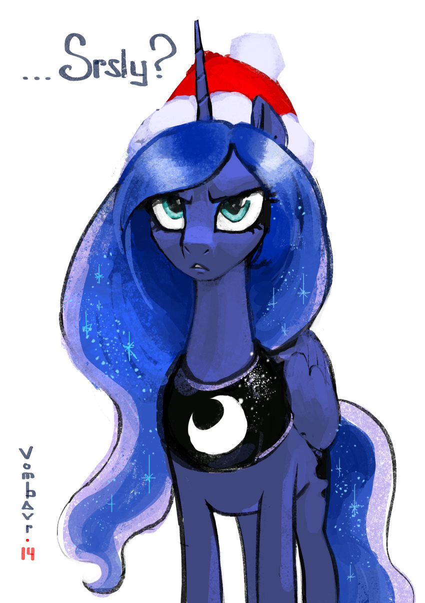 2013 absurd_res alicorn annoyed blue_body blue_eyes blue_feathers christmas christmas_clothing christmas_headwear clothing cutie_mark english_text equid equine feathered_wings feathers female friendship_is_magic hasbro hat headgear headwear hi_res holidays horn jewelry mammal moon my_little_pony mythological_creature mythological_equine mythology necklace pom_hat princess_luna_(mlp) santa_hat simple_background solo sparkles standing text vombavr white_background wings