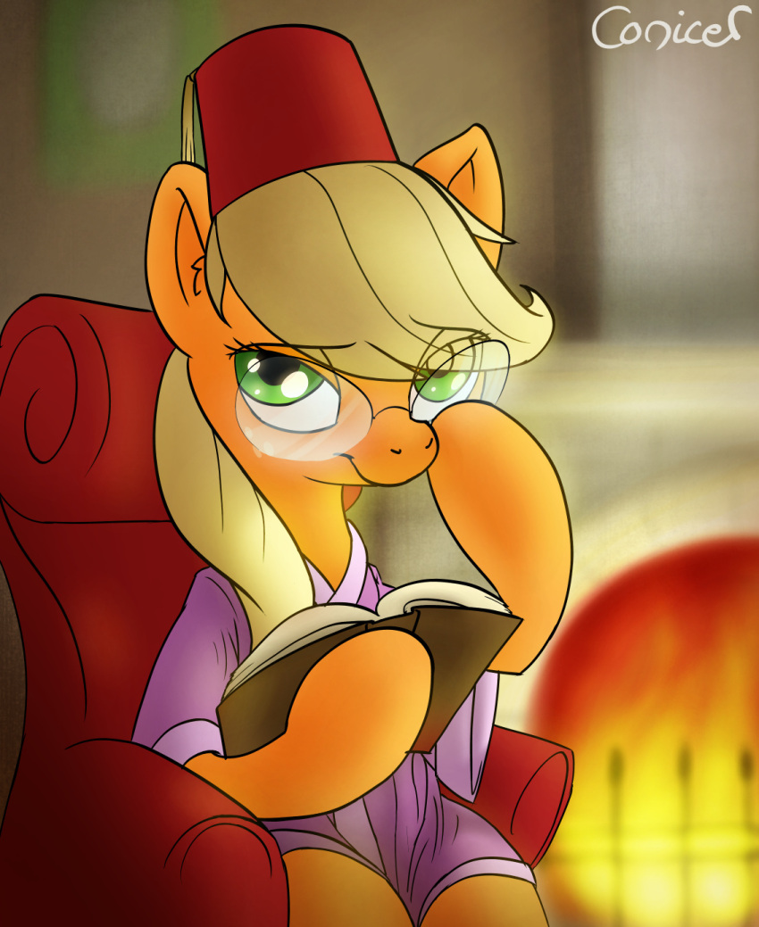 2013 applejack_(mlp) armchair bathrobe blonde_hair book chair clothed clothing conicer earth_pony equid equine eyewear female fez fire fireplace friendship_is_magic furniture glasses green_eyes hair hasbro hat headgear headwear hi_res horse inside long_hair looking_at_viewer mammal my_little_pony on_armchair pony reading robe sitting smile solo