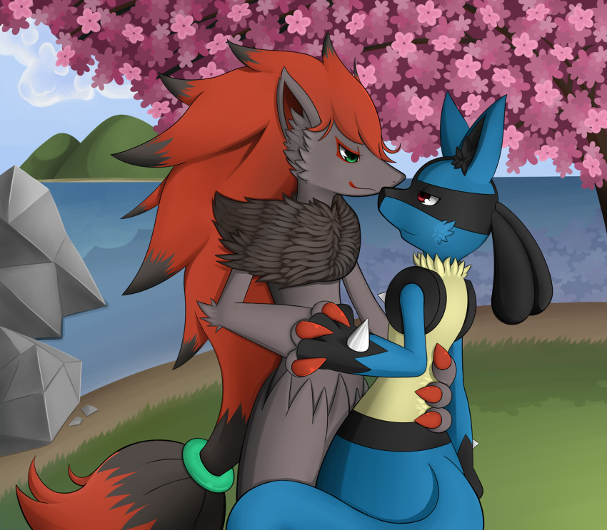 ambiguous_gender anthro black_body black_fur blue_body blue_fur canid canine cherry_blossom cloud duo eye_contact fur generation_4_pokemon generation_5_pokemon hand_holding looking_at_another lucario mammal mountain nintendo outside plant pokemon pokemon_(species) reflection romantic romantic_ambiance romantic_couple sea sky smile tree water yellow_body yellow_fur zeonart zoroark