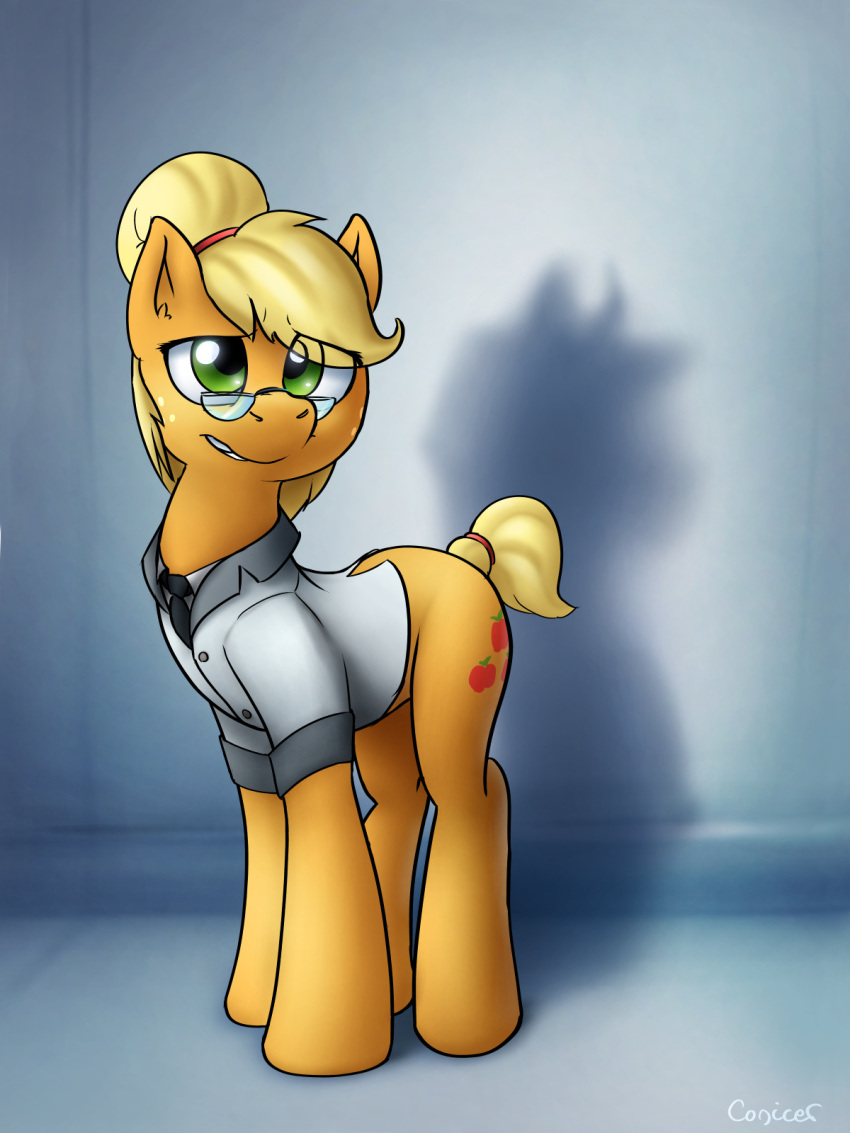 2014 3:4 applejack_(mlp) blonde_hair bottomless clothed clothing conicer cutie_mark earth_pony equid equine eyewear female feral friendship_is_magic glasses green_eyes hair hasbro hi_res horse mammal my_little_pony pony short_tail smile solo tail