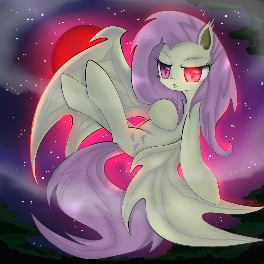 1:1 2013 bat_pony bat_wings cutie_mark cyanaeolin equid fangs female flutterbat_(mlp) fluttershy_(mlp) friendship_is_magic fur hair hasbro hi_res hybrid long_hair mammal membrane_(anatomy) membranous_wings moon my_little_pony night outside pink_hair red_eyes solo star teeth wings yellow_body yellow_fur