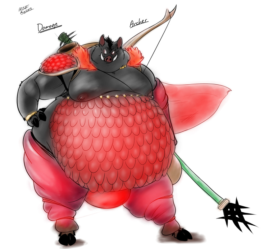 2013 archer armor armpit_hair belly big_belly body_hair bow_(weapon) cape clothing fur hi_res legwear male mammal melee_weapon moobs nipples obese obese_male overweight overweight_male polearm ranged_weapon riis scale_armor solo spear suid suina sus_(pig) thong underwear weapon wild_boar