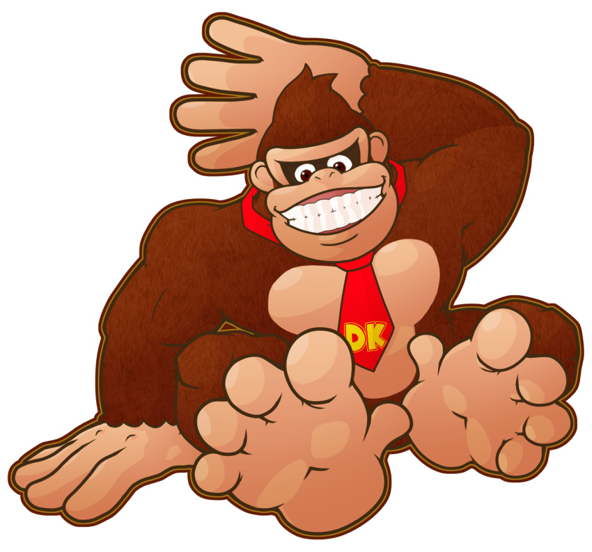 2014 5_toes alpha_channel anthro ape biceps big_muscles biped brown_body brown_fur donkey_kong_(character) donkey_kong_(series) feet foot_focus fur gorilla haplorhine hindpaw kong looking_at_viewer male mammal muscular muscular_anthro muscular_male necktie nintendo paws pecs plantigrade primate red_eyes shirobear simple_background sitting smile solo teeth text_on_necktie toes transparent_background