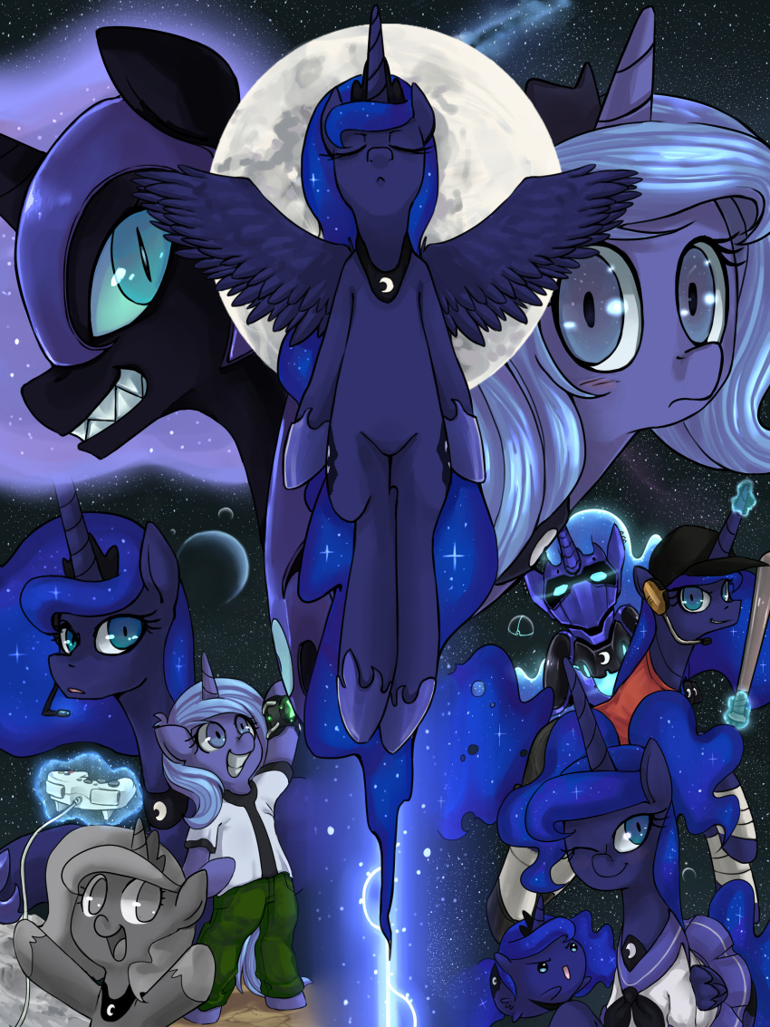 3:4 absurd_res alicorn alternate_universe armor bat ben_10 ben_tennyson black_body black_fur blue_body blue_eyes blue_fur blue_hair blush cartoon_network closed_eyes clothing controller crossover crown dual_persona equid equine feathered_wings feathers female friendship_is_magic fur game_controller group hair hasbro headgear helmet hi_res horn machine mammal moon my_little_pony mythological_creature mythological_equine mythology nightmare_moon_(mlp) one_eye_closed parody princess_luna_(mlp) robot school_uniform scout_(team_fortress_2) slightly_chubby smile teal_eyes team_fortress_2 uc77 uniform valve wings