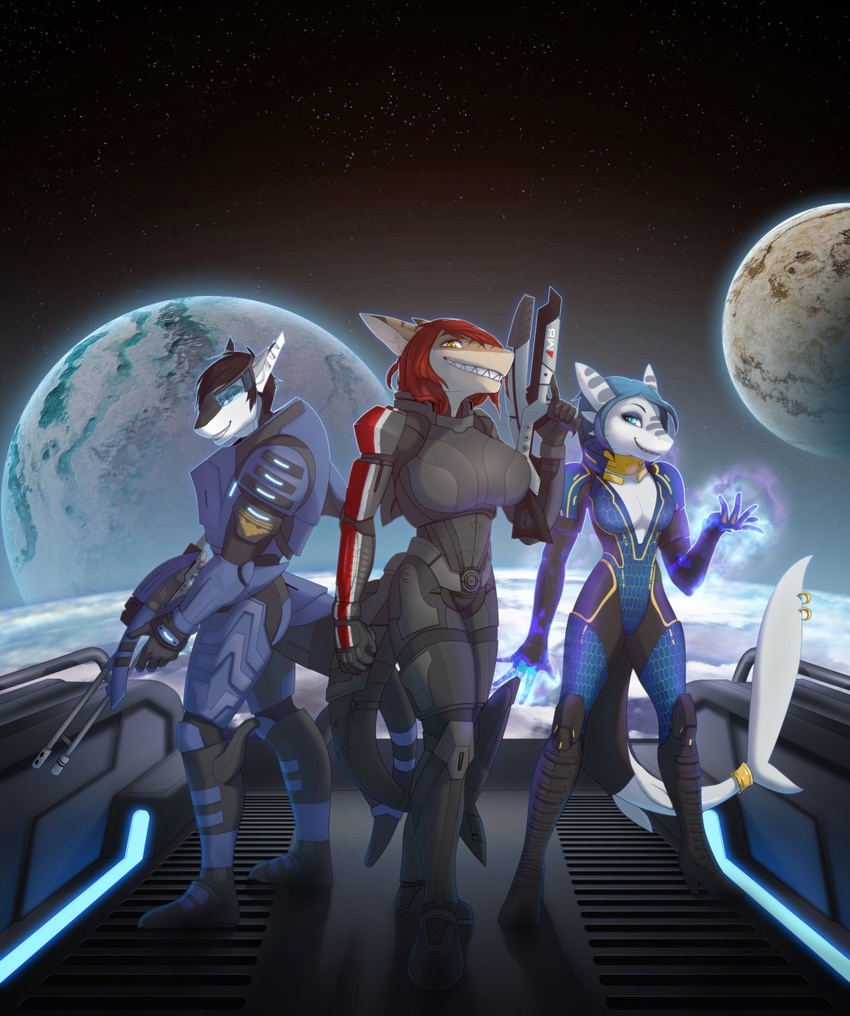 2014 alternate_species anthro armor azuriae big_breasts biotics bioware black_hair blue_eyes breasts claws countershading ear_piercing electronic_arts female fish furrification grin group gun hair hi_res hybrid long_hair looking_at_viewer mammal marine mass_effect piercing piranhapettingzoo pose ranged_weapon red_hair rifle riptide_(riptideshark) shark smile stripes syrena_(riptideshark) team_pose teeth vivarium weapon zoological_gardens