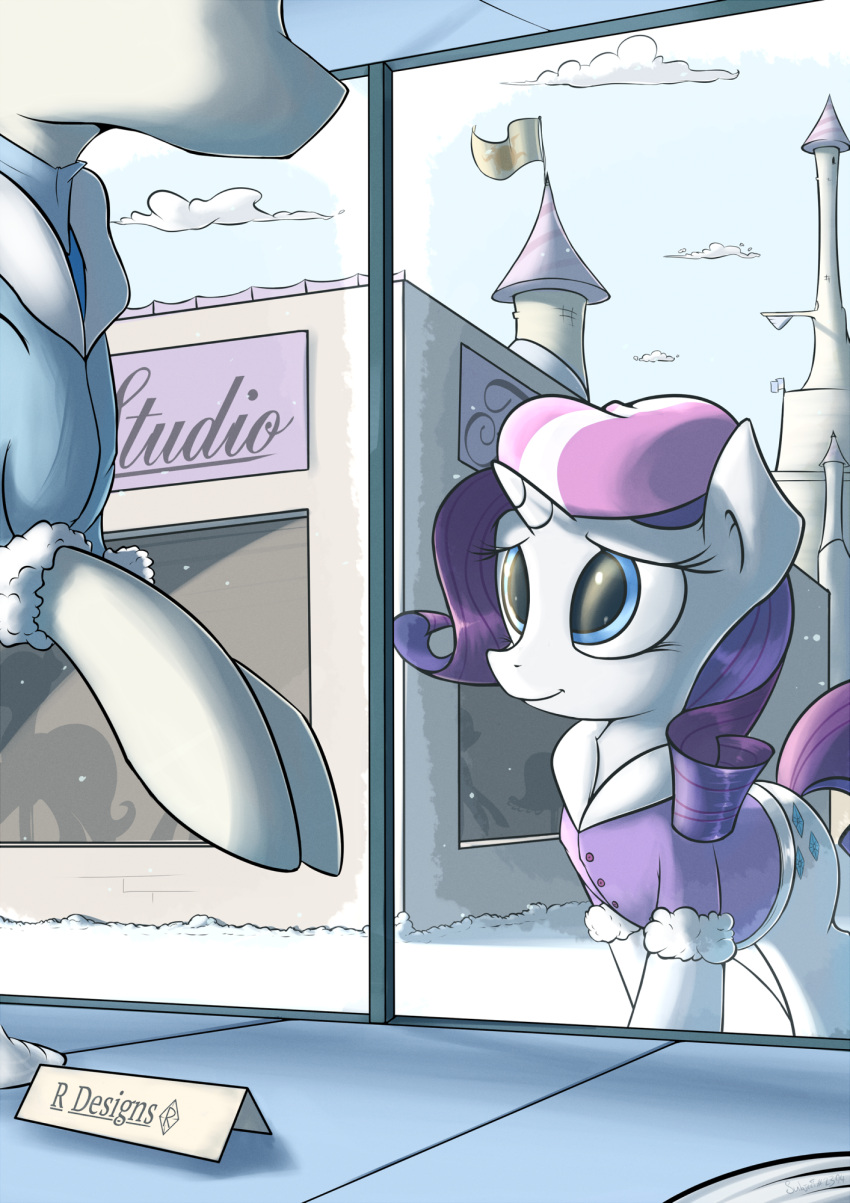 2014 beret blue_eyes building canterlot clothing cloud cutie_mark english_text equid equine female flag friendship_is_magic fur hair hasbro hat headgear headwear hi_res horn jacket mammal mannequin my_little_pony mythological_creature mythological_equine mythology outside purple_hair rarity_(mlp) sky snow snowing solo standing subjectnumber2394 text topwear tower unicorn winter