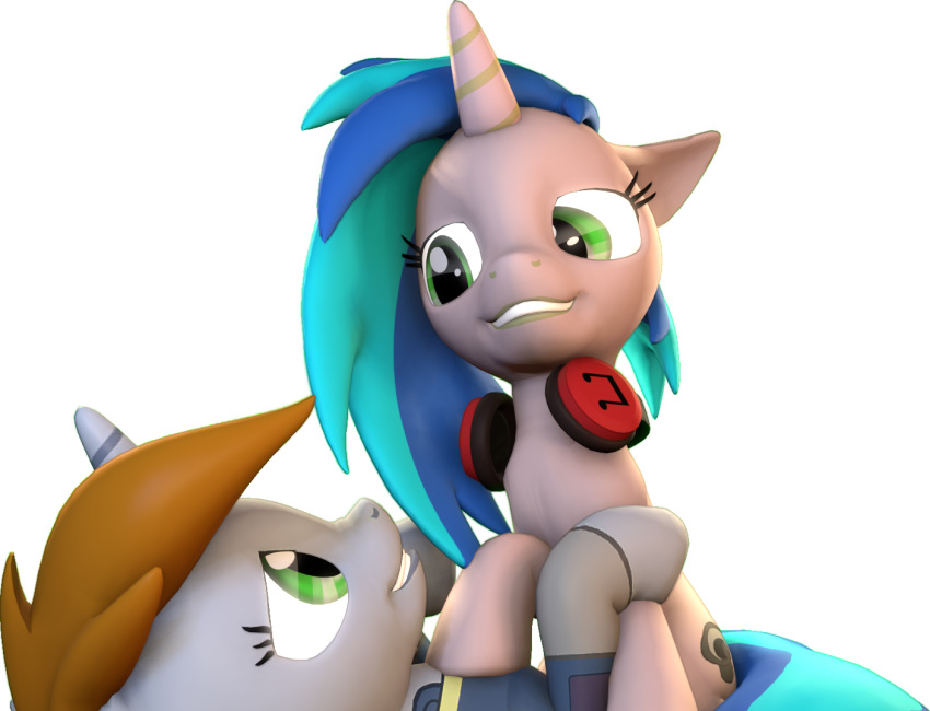 3d_(artwork) alpha_channel digital_media_(artwork) duo electronics equid equine fallout_equestria fan_character female fur green_eyes hair hasbro headphones homage_(fallout_equestria) horn littlepip mammal multicolored_hair my_little_pony mynokiarules mythological_creature mythological_equine mythology simple_background source_filmmaker_(artwork) transparent_background two_tone_hair unicorn white_body white_fur