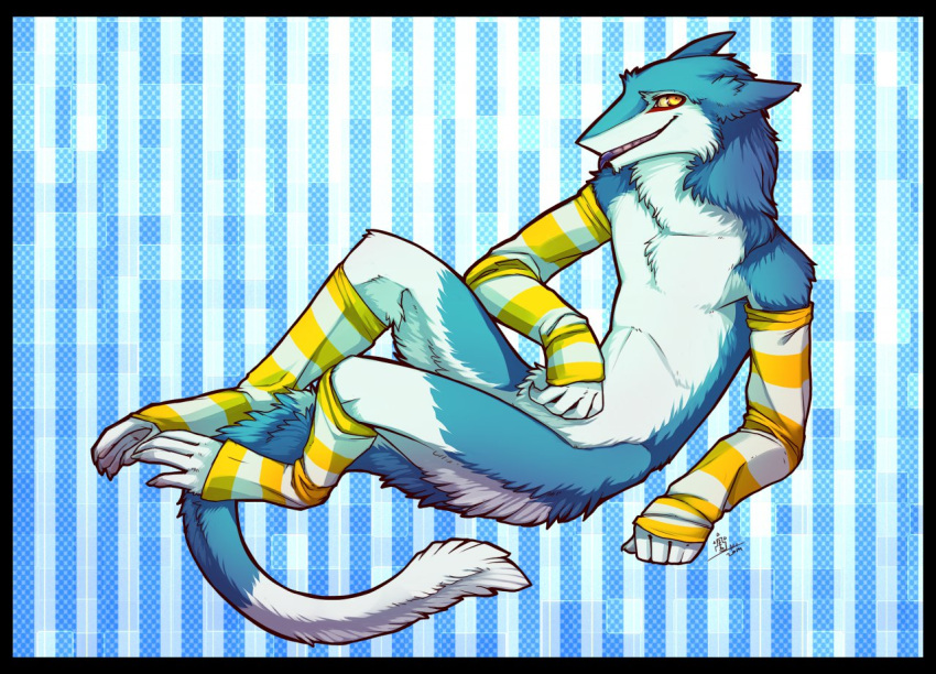 anthro armwear blue_body blue_fur clothing elbow_gloves fur gloves grostenmeiers handwear legwear looking_at_viewer male mammal markus_(dowantanaccount) paws sergal solo stockings tail yellow_eyes