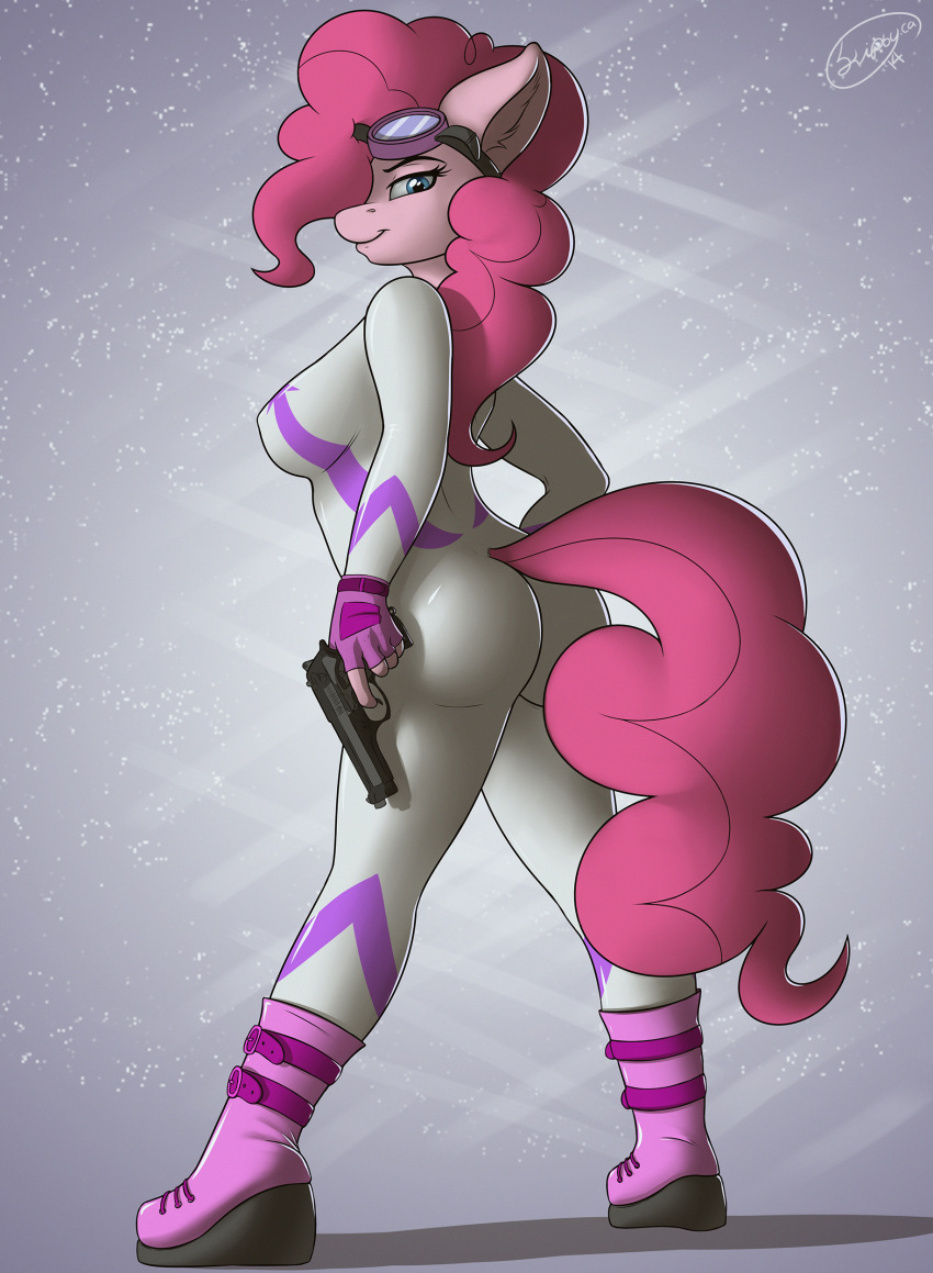 2014 abstract_background absurd_res anthro anthrofied ass biped blue_eyes bodysuit clothing earth_pony equid equine eyewear female fili-second_(mlp) fingerless_gloves friendship_is_magic fur gloves goggles gun hair handgun handwear hasbro hi_res holding_gun holding_object holding_ranged_weapon holding_weapon horse looking_at_viewer mammal my_little_pony pink_body pink_fur pink_hair pinkie_pie_(mlp) pistol pony pose power_ponies_(mlp) ranged_weapon simple_background skinsuit skipsy smile solo standing superhero tail tight_clothing weapon