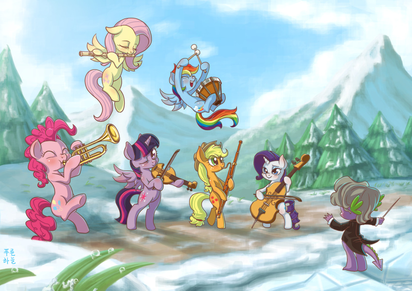 absurd_res alicorn applejack_(mlp) bassoon big_eyes big_head blonde_hair blue_body blue_eyes blue_feathers blue_fur bottomless bow_(stringed_instrument) bowed_string_instrument brass_instrument casual_nudity cello closed_eyes clothed clothing coat conducting_baton cowboy_hat cutie_mark day dragon earth_pony equid equine feathered_wings feathers female flute fluttershy_(mlp) flying freckles friendship_is_magic fur green_eyes grey_hair group hair hasbro hat headgear headwear hi_res holding_musical_instrument holding_object horn horse horse_tail kettle_drum male mammal mountain mrs1989 multicolored_hair music_conductor musical_instrument my_little_pony mythological_creature mythological_equine mythological_scalie mythology nude on_one_leg one_eye_closed open_mouth open_smile orange_body orange_fur outside pegasus pink_body pink_fur pink_hair pinkie_pie_(mlp) plant playing_drum playing_flute playing_music playing_trumpet playing_violin pony purple_body purple_eyes purple_fur purple_hair rainbow_dash_(mlp) rainbow_hair rarity_(mlp) scalie sky smile snow spade_tail spike_(mlp) standing string_instrument tail tailcoat toony topwear tree trumpet twilight_sparkle_(mlp) two_tone_hair unicorn violin wand white_body white_fur wig wind_instrument wings woodwind_instrument yellow_body yellow_fur