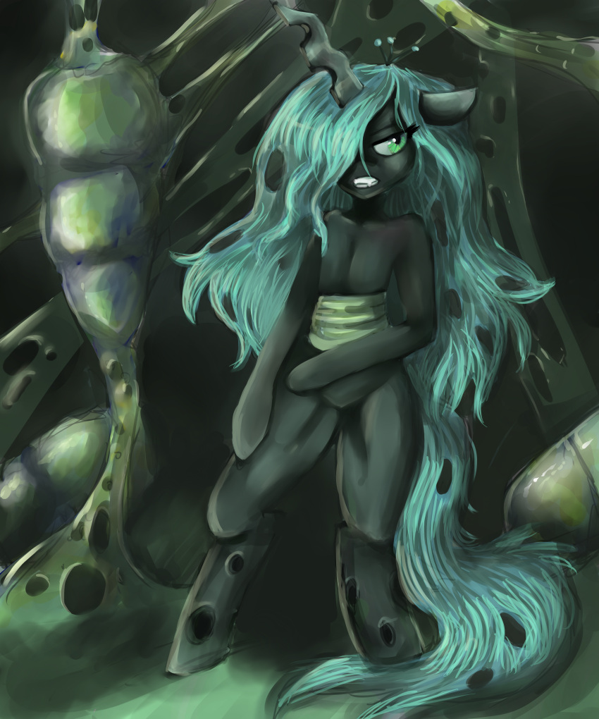 2014 5:6 absurd_res anthro anthrofied arthropod black_body blue_hair changeling female friendship_is_magic green_eyes hair hair_over_eye hasbro hi_res my_little_pony one_eye_obstructed queen_chrysalis_(mlp) rainbowsprinklesart solo