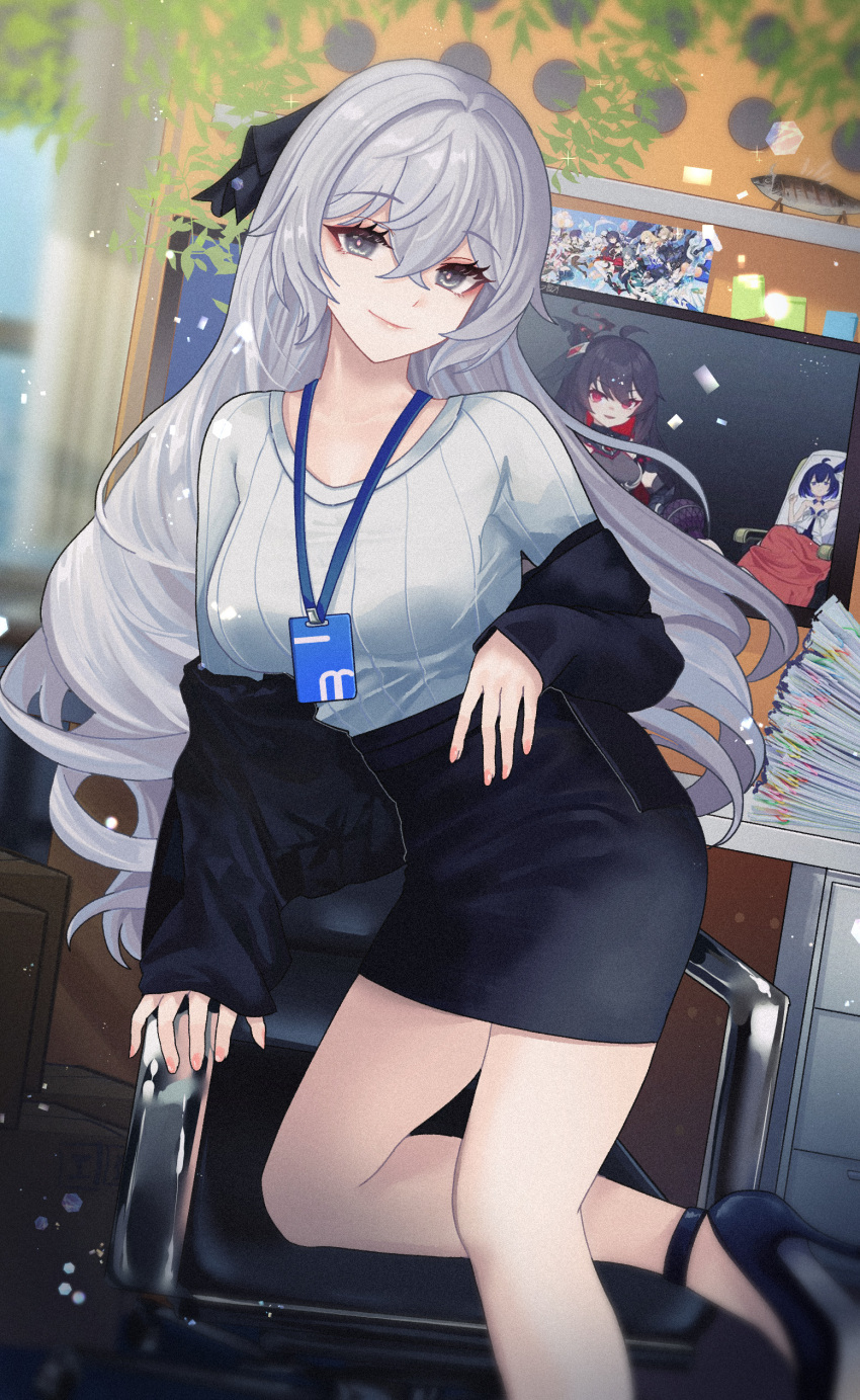 absurdres black_bow black_footwear black_jacket black_skirt blue_sky blurry blurry_background bow breasts bronya_zaychik bronya_zaychik_(outstanding_attitude)_(honkai_impact) bronya_zaychik_(silverwing:_n-ex) chair closed_mouth computer desk drill_hair female gmg grey_eyes grey_hair grey_shirt hairbow high_heels highres honkai_(series) honkai_impact_3rd id_card indoors jacket lanyard large_breasts long_hair long_sleeves looking_at_viewer monitor office office_chair office_lady official_alternate_costume pencil_skirt seele_(alter_ego) seele_vollerei seele_vollerei_(starchasm_nyx) shirt skirt sky smile solo sweater swivel_chair twin_drills white_sweater window