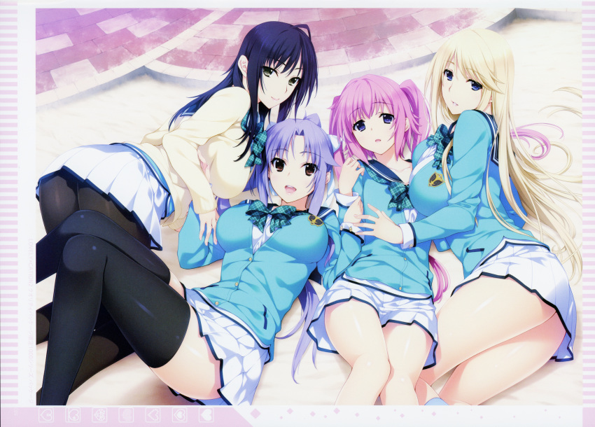 4girls black_hair black_legwear blonde_hair blue_eyes breasts brown_eyes highres iizuki_tasuku izumi_wakoto large_breasts lips long_hair long_sleeves looking_at_viewer looking_back lovely_x_cation_2 lying multiple_girls narukawa_hime nirasaki_hinata non-web_source official_art on_back open_mouth pantyhose pink_hair pleated_skirt scan school_uniform shiny_clothes simple_background skirt smile thighhighs tied_hair yoshinoya_seine zettai_ryouiki